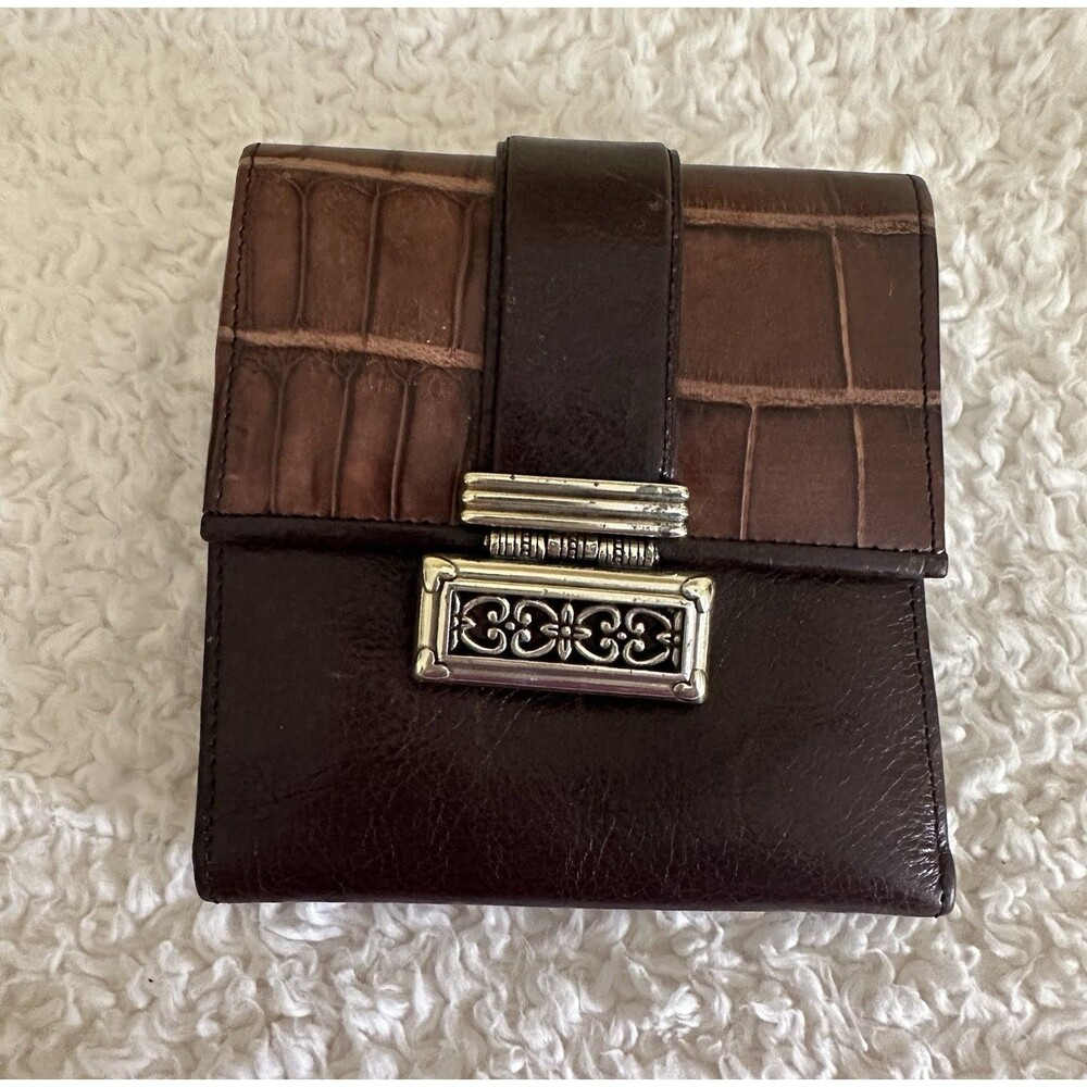 Brighton VTG Ethel Lee Style Croc Brown Leather TriFold I.D. Wallet Magnet Clasp